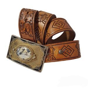 Justin Top Grain Cowhide Leather Large Buckle Stone Tooled Belt Size 34 W…